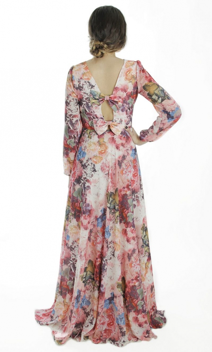 vestido largo de fiesta estampado flores manga larga para boda